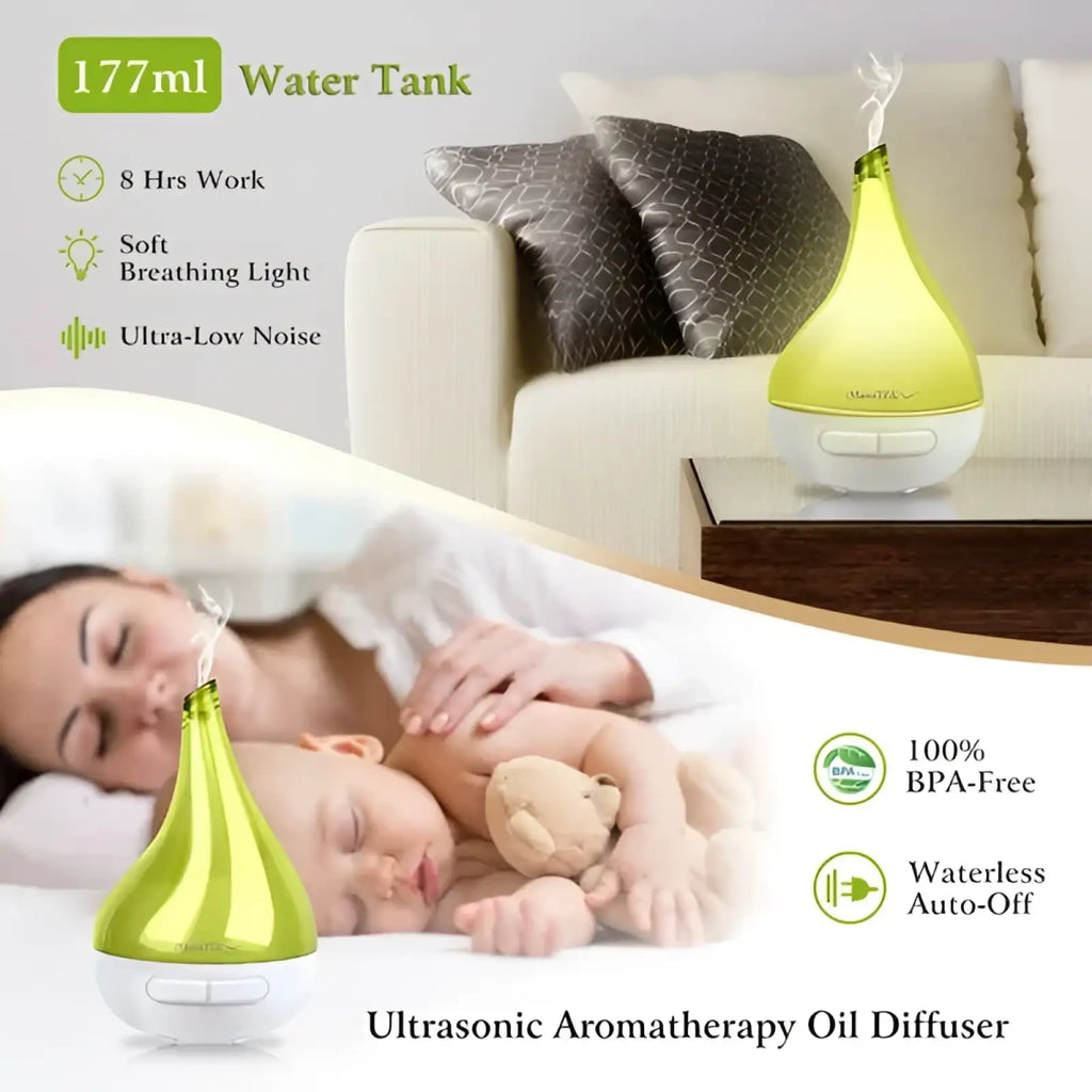 Ultrasonic aroma diffuser teardrop humidifier in lime green and white with a sleek 177ml design for aromatherapy use