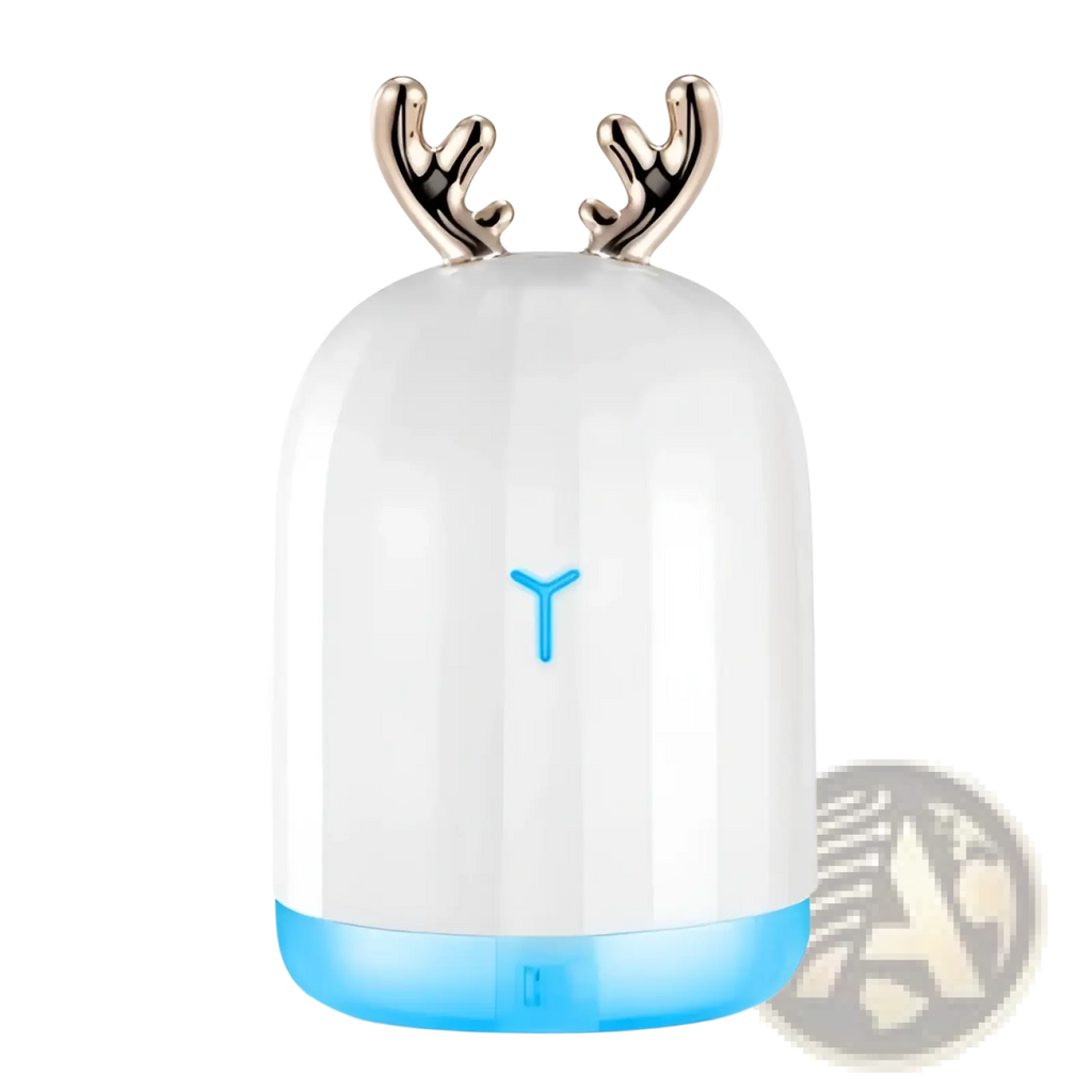 Ultrasonic deer air humidifier in white ceramic with metallic antlers and a glowing blue base for home use