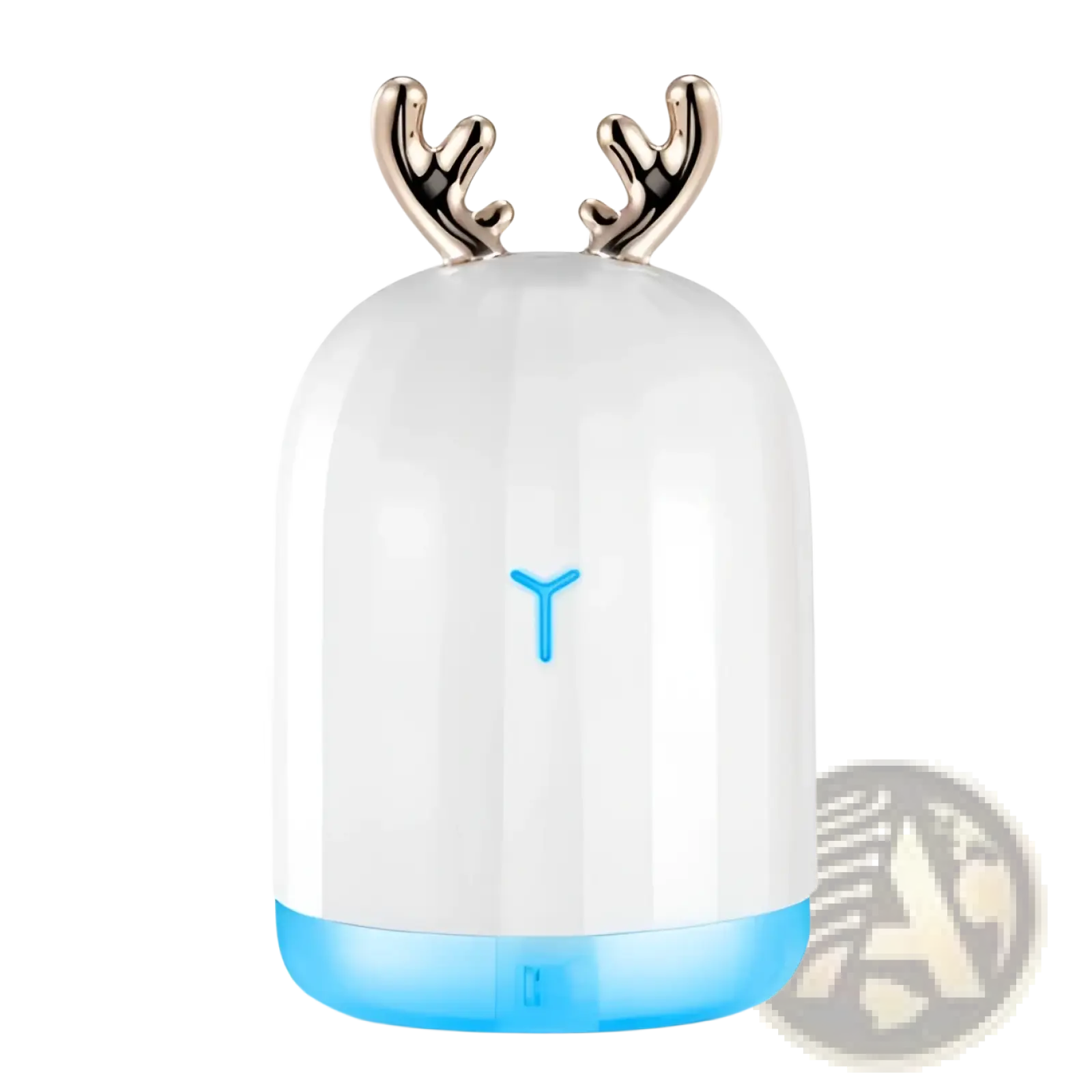 Ultrasonic deer air humidifier in white ceramic with metallic antlers and a glowing blue base for home use