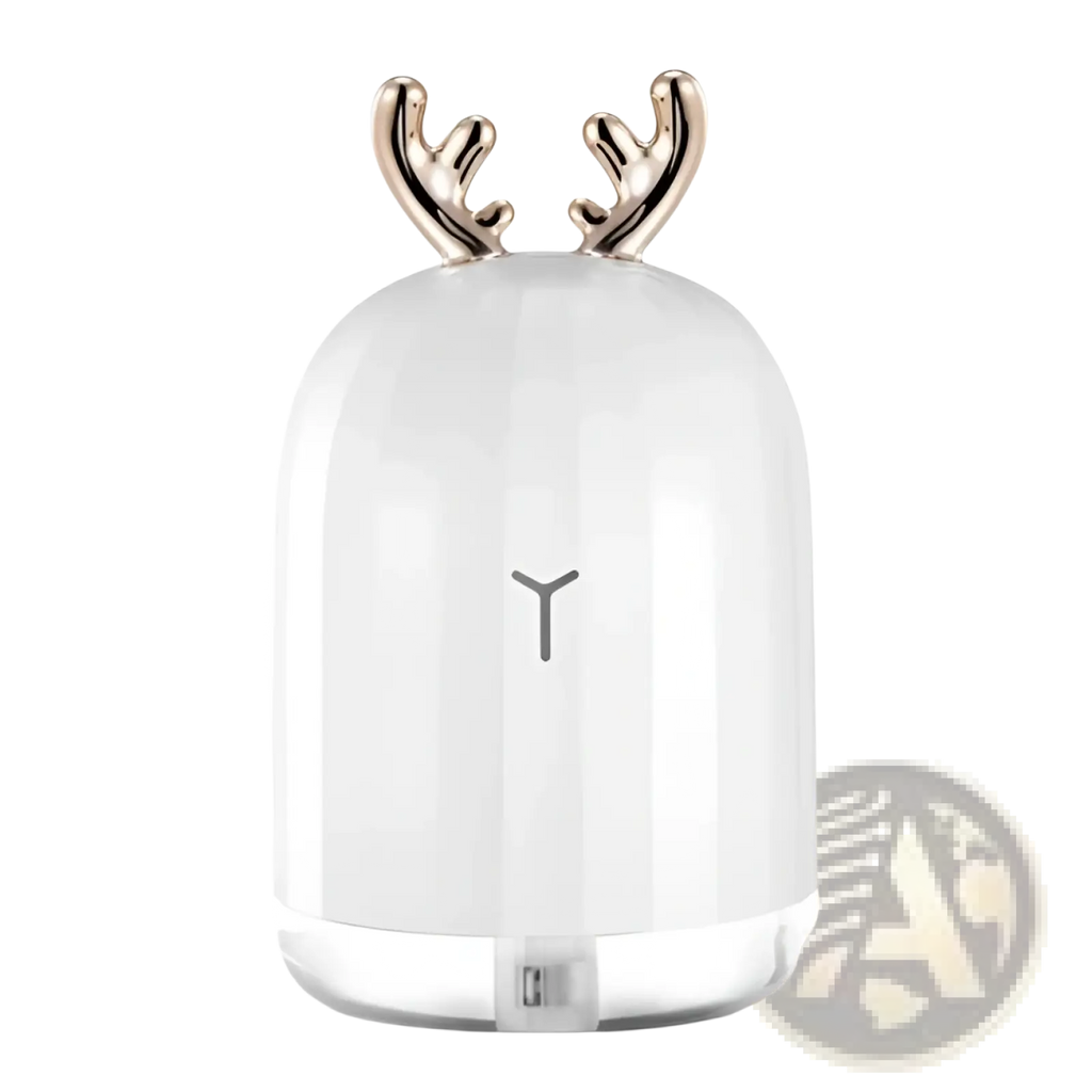White ceramic ultrasonic deer air humidifier with gold antler accents and minimalist y logo on glowing base