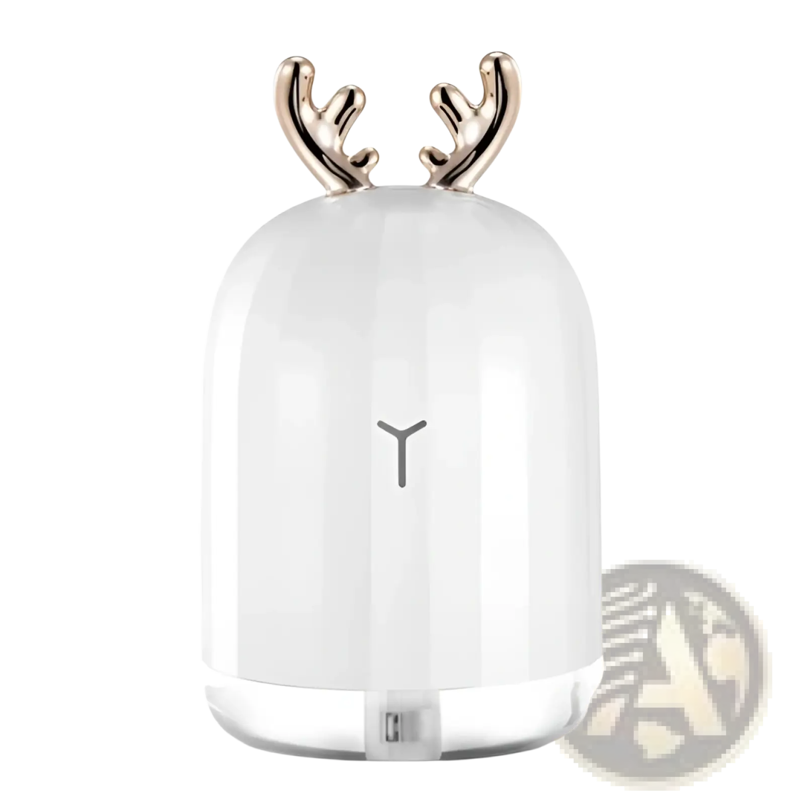 White ceramic ultrasonic deer air humidifier with gold antler accents and minimalist y logo on glowing base
