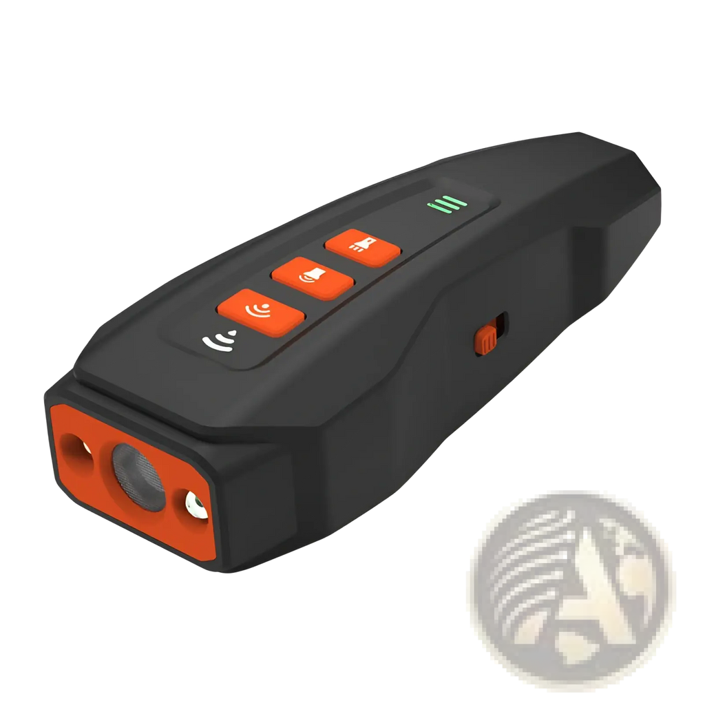Ultrasonic dog barking deterrent laser trainer handheld device in black and orange with textured grip and illuminated buttons
