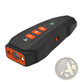 Ultrasonic dog barking deterrent laser trainer handheld device in black and orange with textured grip and illuminated buttons