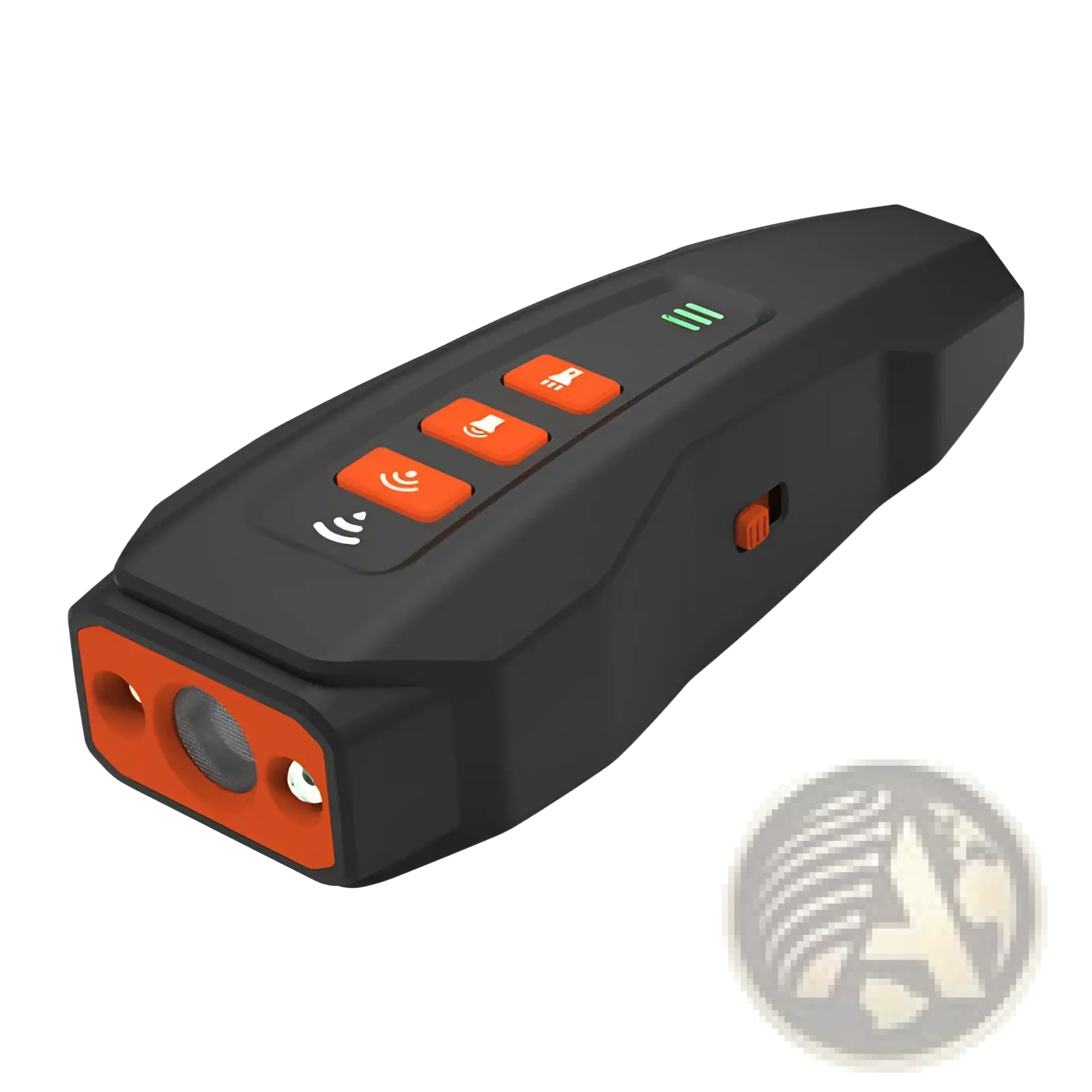 Ultrasonic dog barking deterrent laser trainer handheld device in black and orange with textured grip and illuminated buttons