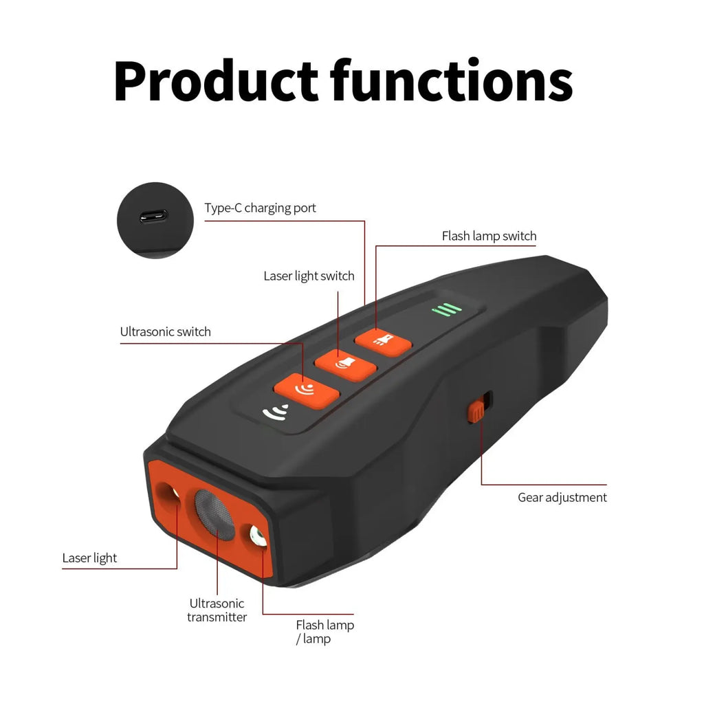 Black and orange ultrasonic dog barking deterrent laser trainer with type-c charging port and integrated flashlight controls