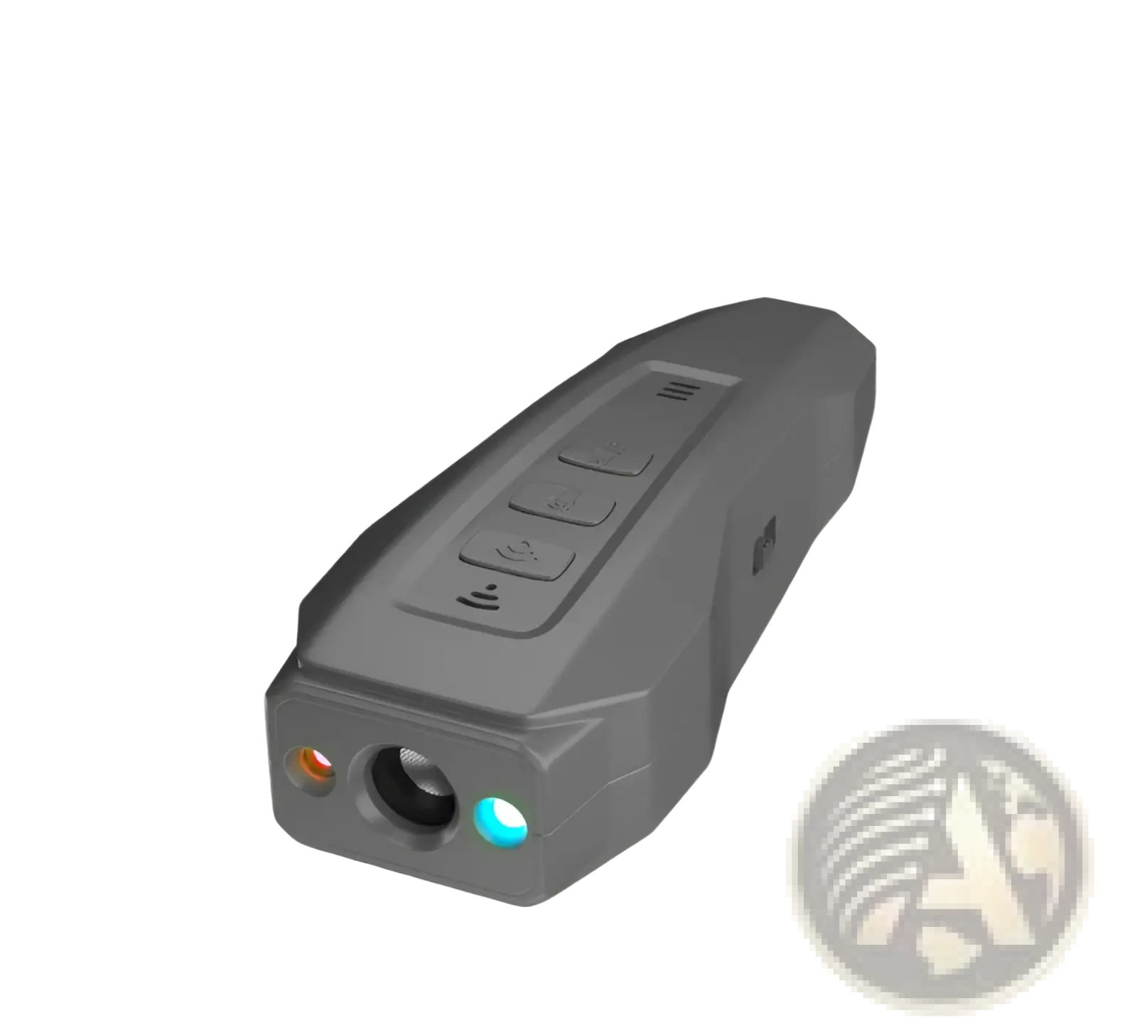 Gray plastic ultrasonic dog barking deterrent laser trainer with sleek angular design three buttons and two lights