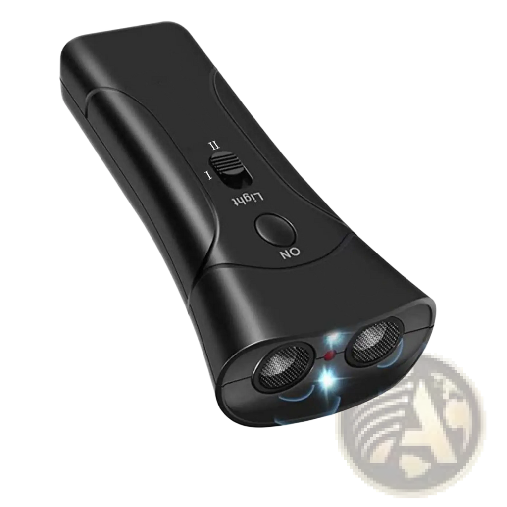 Black plastic ultrasonic dog repeller training device with two speaker grilles and red led light shown from back side