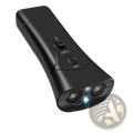 Black plastic ultrasonic dog repeller training device with two speaker grilles and red led light shown from back side