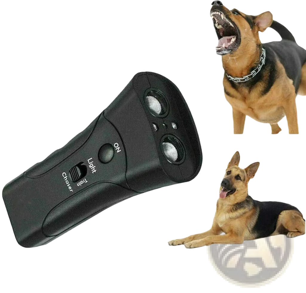 Black plastic ultrasonic dog repeller and 3 in 1 training device with two speakers and control buttons on the back side