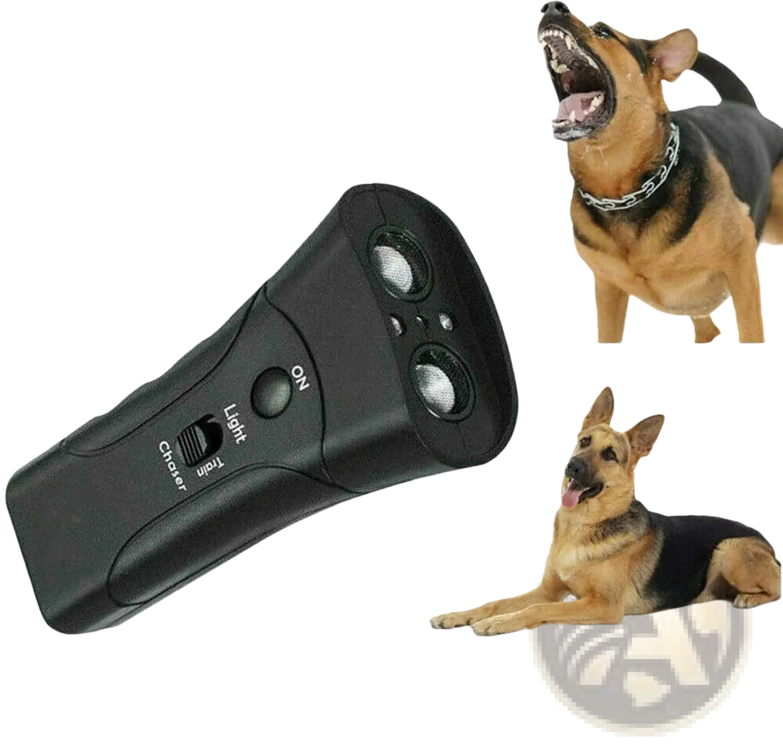 Black plastic ultrasonic dog repeller and 3 in 1 training device with two speakers and control buttons on the back side