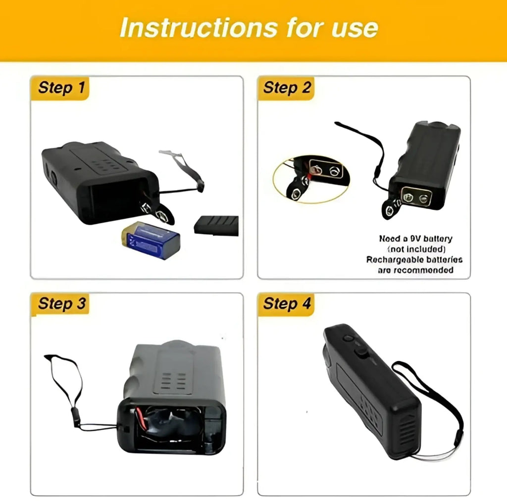 Black plastic ultrasonic dog repeller and 3 in 1 training device with textured grip and integrated wrist strap