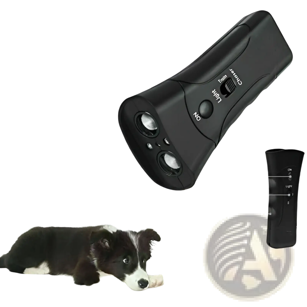 Black plastic ultrasonic dog repeller and 3 in 1 training device with two led lights and mode switch visible