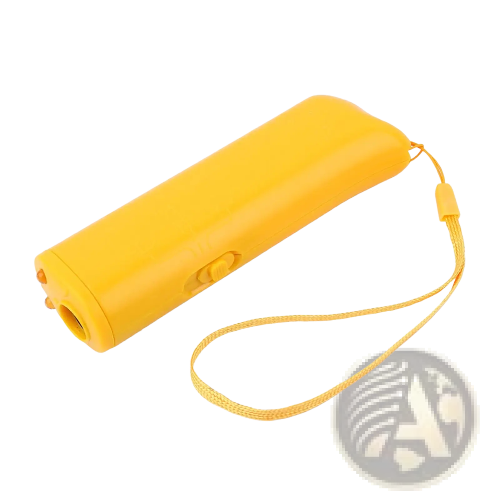 Bright yellow plastic ultrasonic dog repeller and 3 in 1 training device with matching woven strap for training use