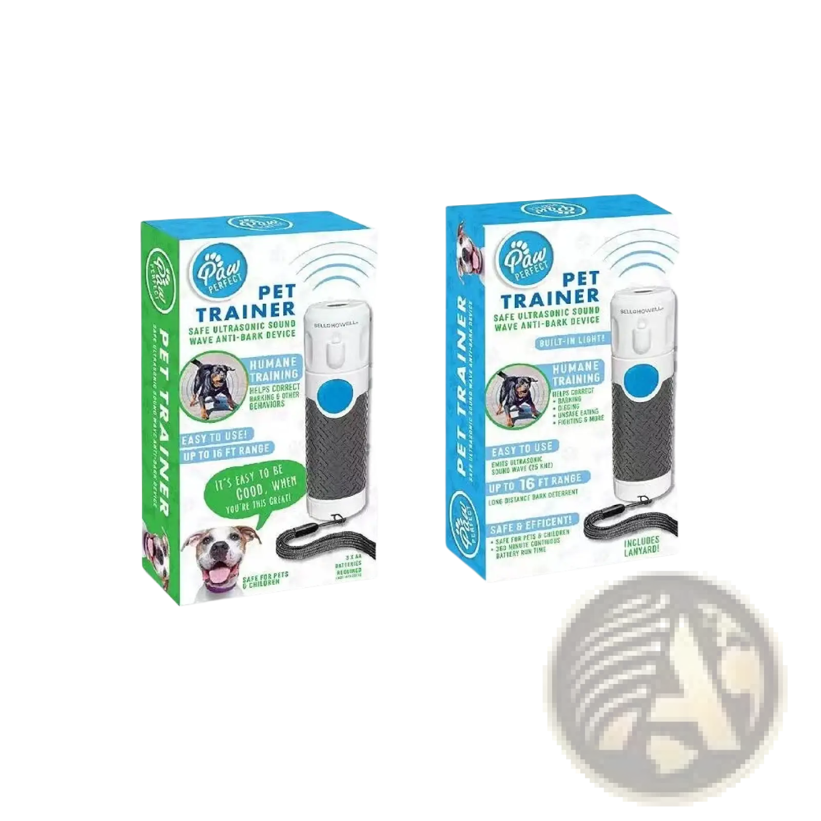 White and gray handheld ultrasonic dog trainer with blue circular button for bark control and pet training
