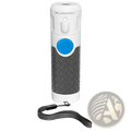 White and gray bellhowell ultrasonic dog trainer with blue paw-print button textured grip and black wrist strap