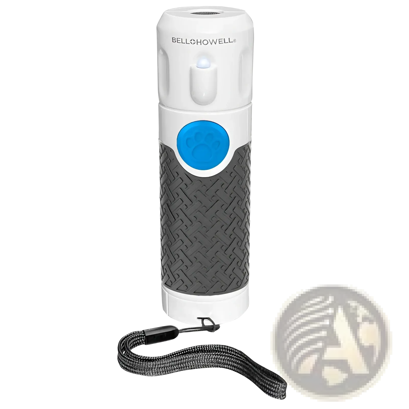 White and gray bellhowell ultrasonic dog trainer with blue paw-print button textured grip and black wrist strap