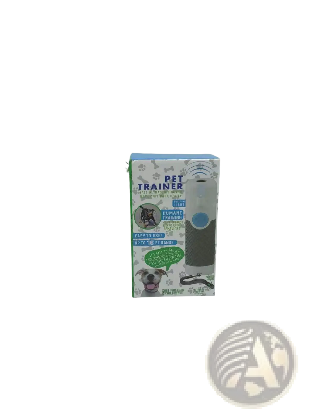 White and gray ultrasonic dog trainer handheld bark control device with a blue button in dog-themed packaging