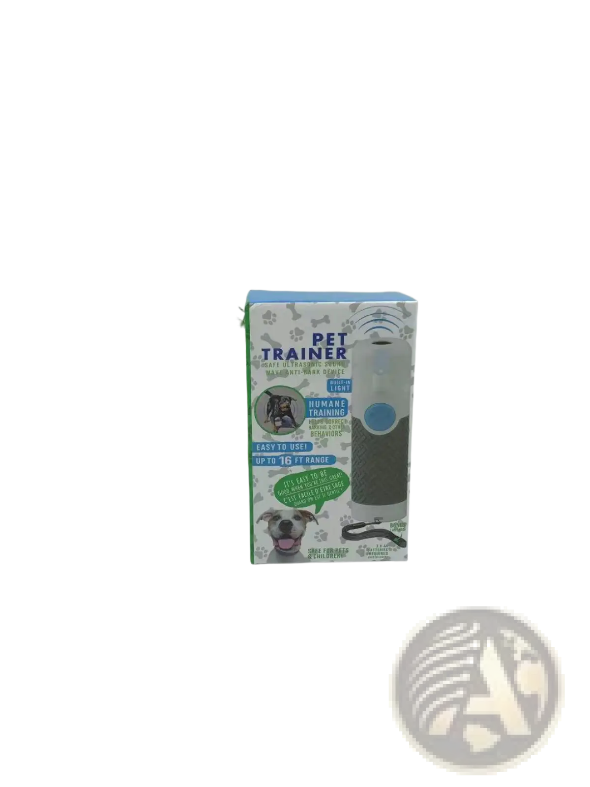 White and gray ultrasonic dog trainer handheld bark control device with a blue button in dog-themed packaging
