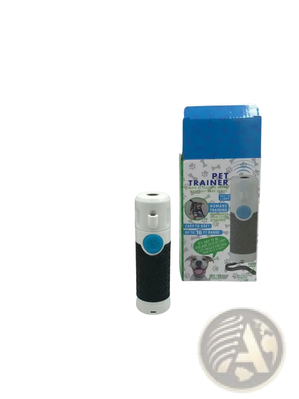 White and black ultrasonic dog trainer handheld bark control device with a blue circular button for pet training