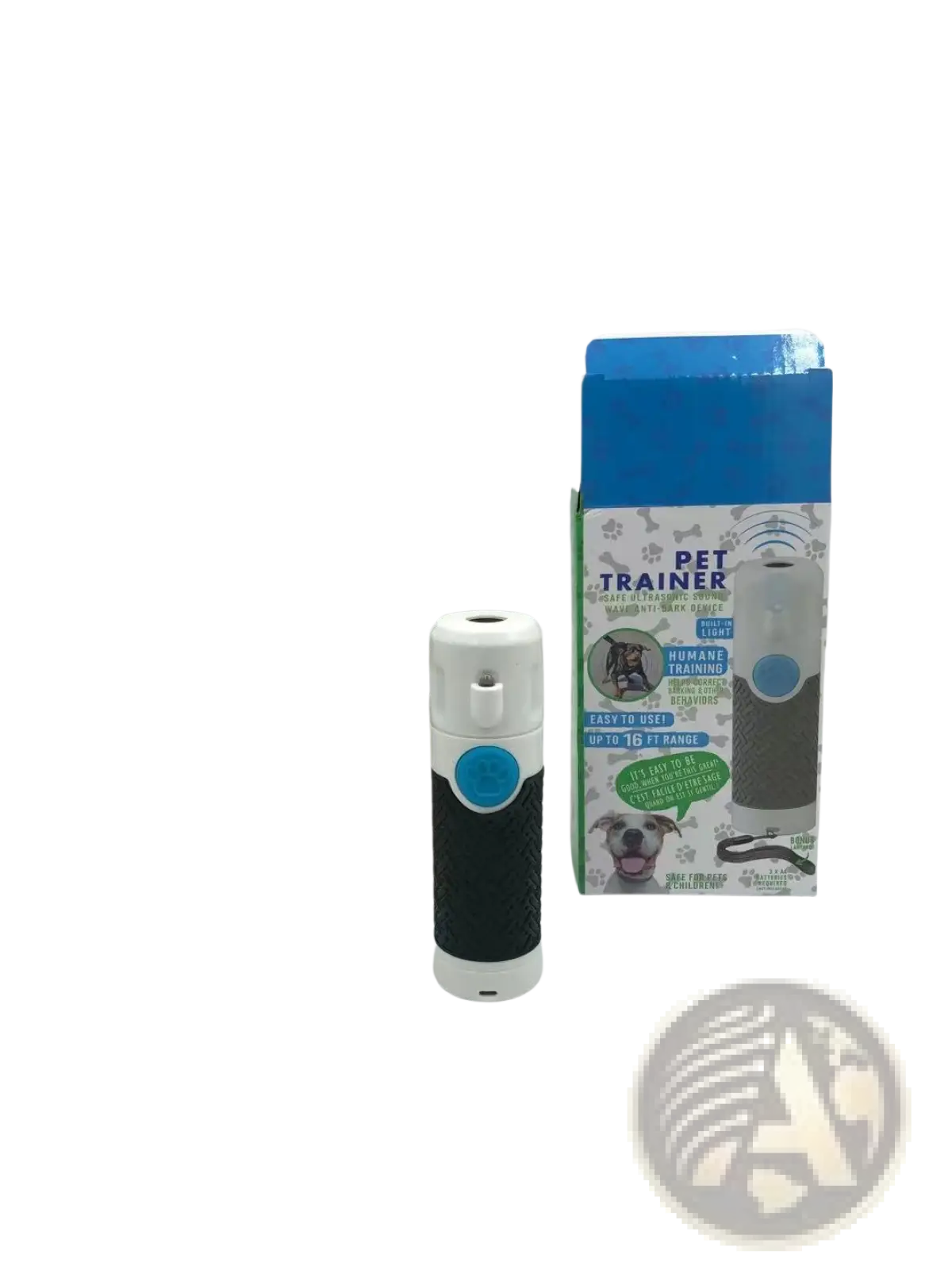 White and black ultrasonic dog trainer handheld bark control device with a blue circular button for pet training
