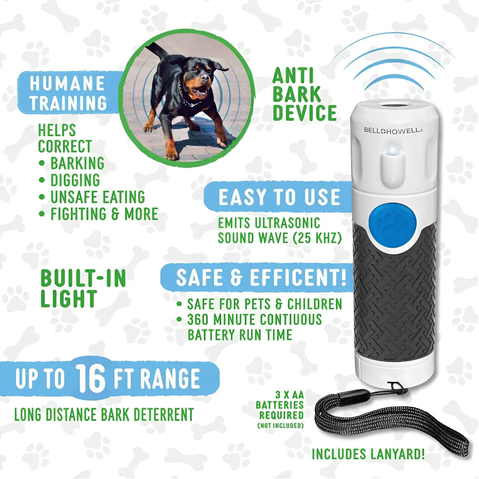 White and black textured bell and howell ultrasonic dog trainer handheld bark control device with blue circular button