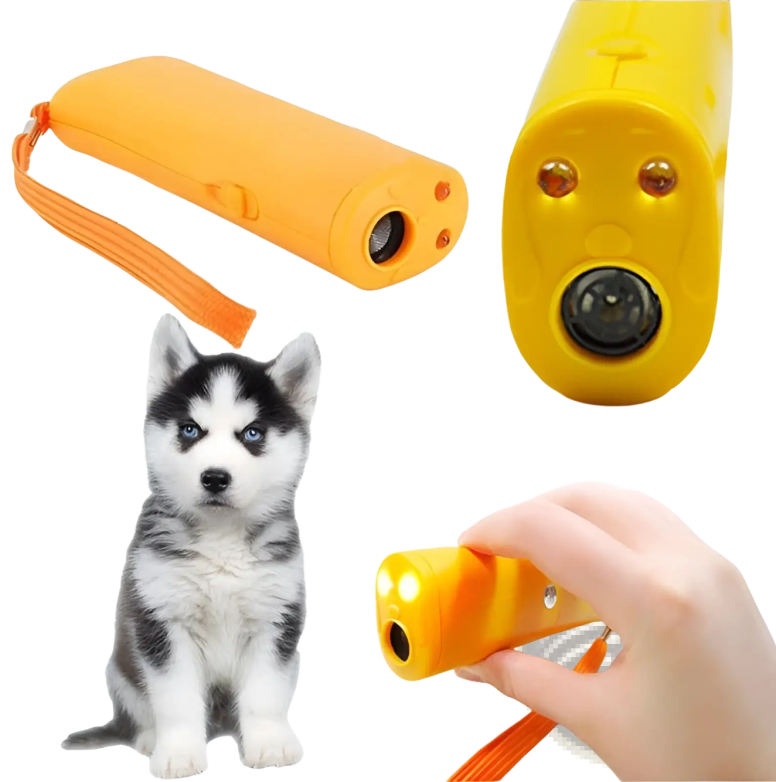 Bright yellow plastic ultrasonic dog trainer with orange wrist strap and two led lights for barking deterrent