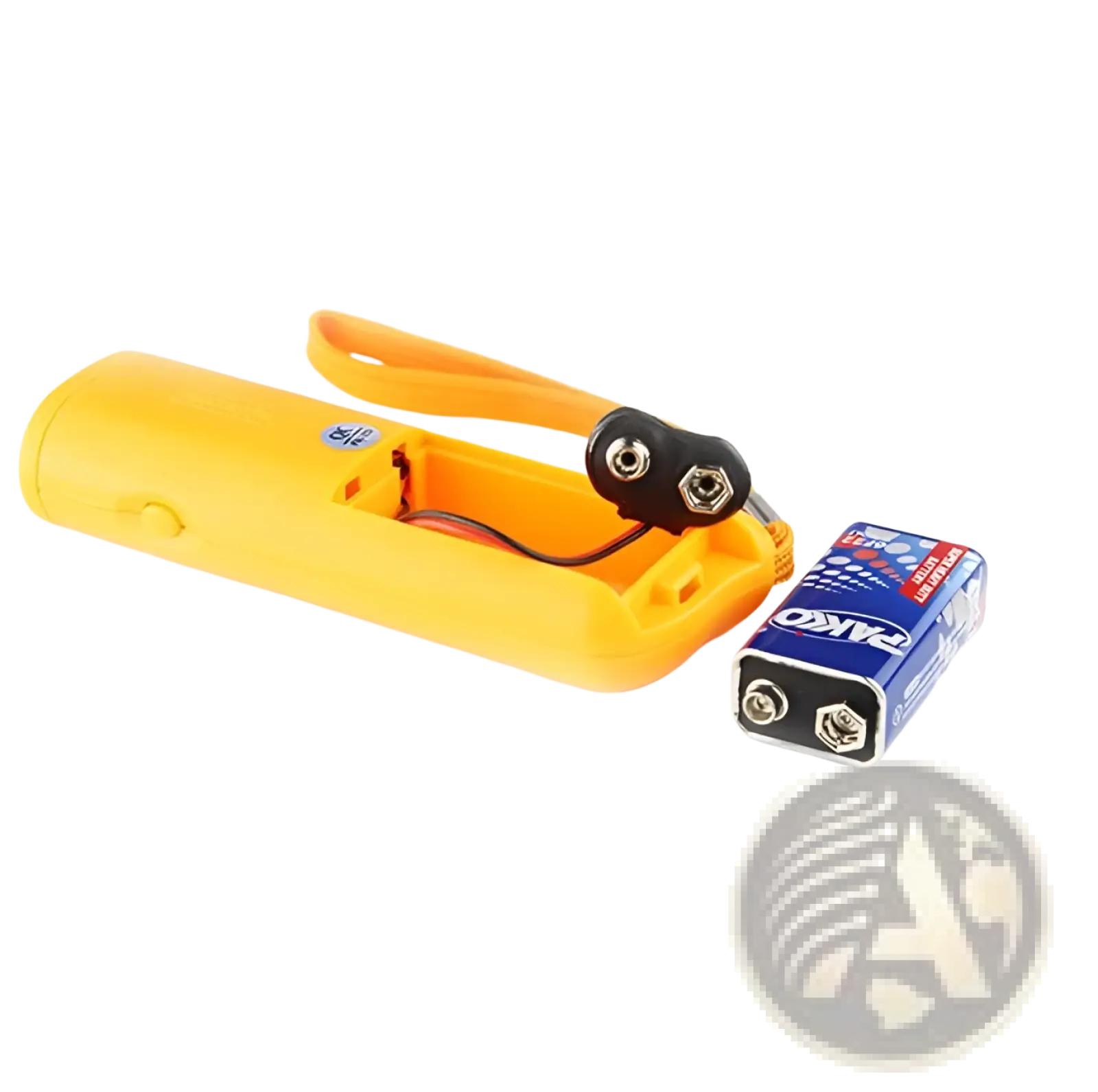 Yellow plastic ultrasonic dog trainer flashlight with orange handle and black battery compartment for 9v battery