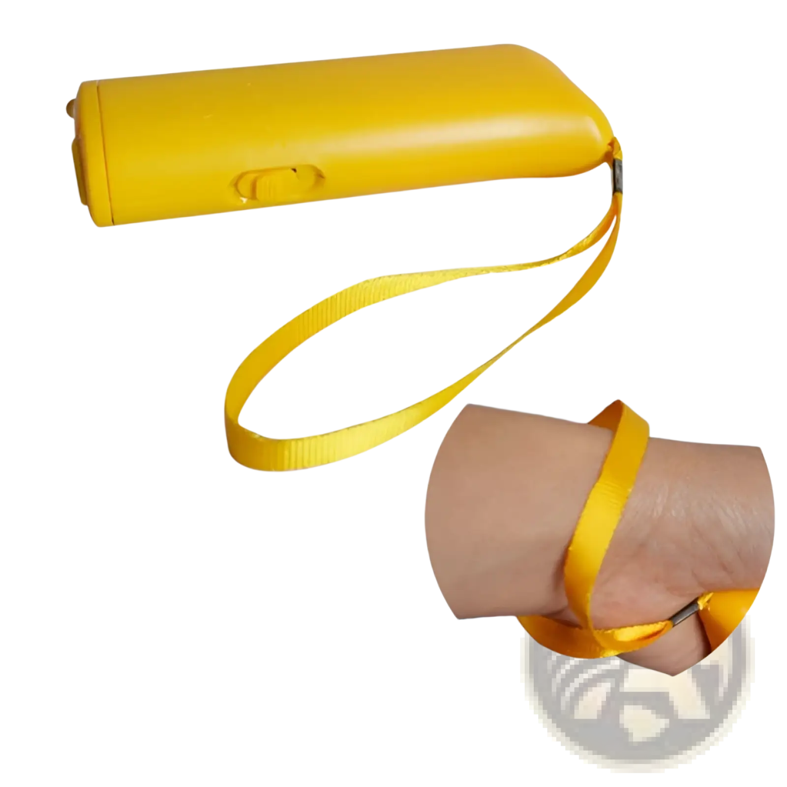 Bright yellow plastic ultrasonic dog trainer and led barking deterrent flashlight with matching fabric wrist strap