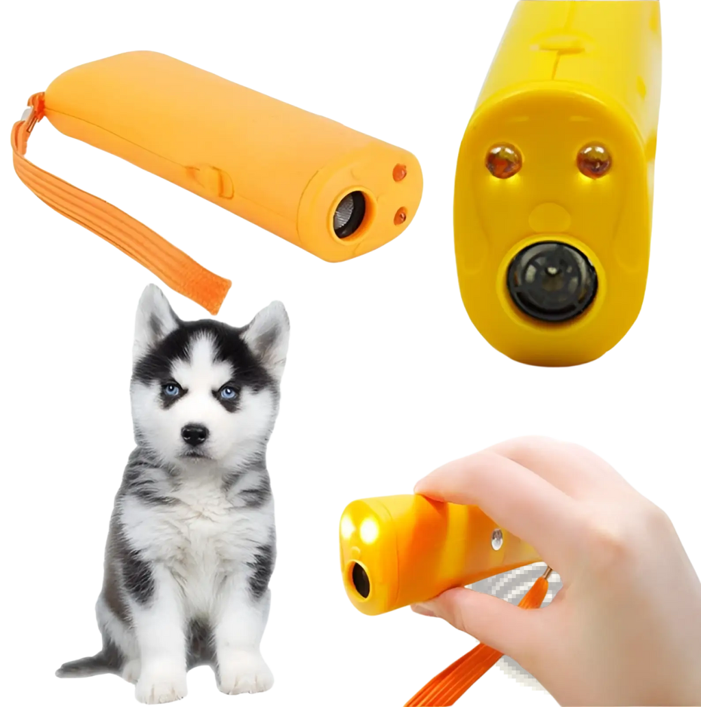 Bright yellow plastic ultrasonic dog trainer with orange wrist strap and two led lights for barking deterrent