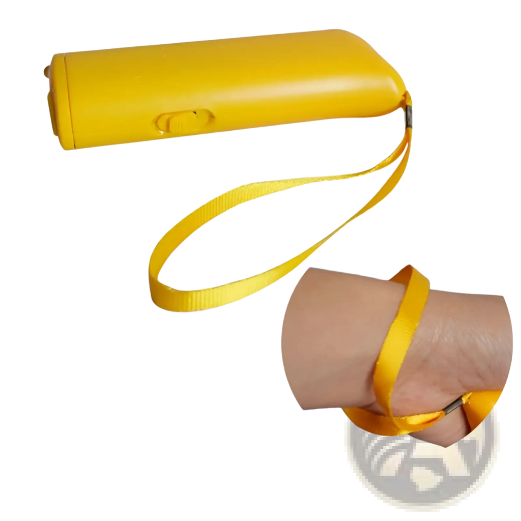 Bright yellow plastic handheld ultrasonic dog trainer and led barking deterrent flashlight with fabric wrist strap