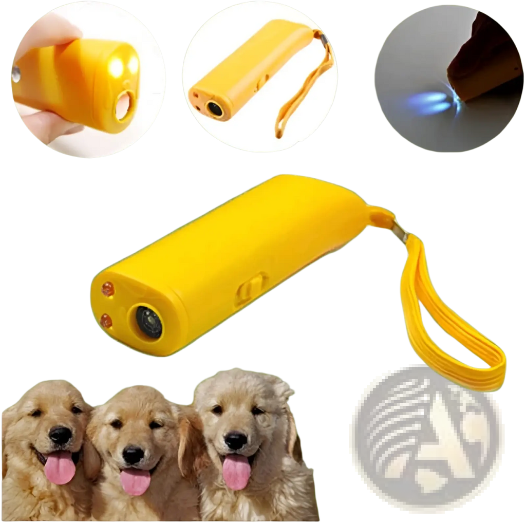 Bright yellow plastic ultrasonic dog trainer with wrist strap and dual-function led barking deterrent flashlight