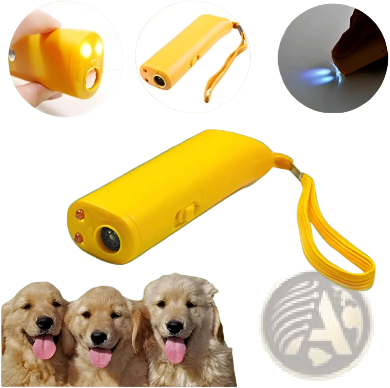 Bright yellow plastic ultrasonic dog trainer with wrist strap and dual-function led barking deterrent flashlight