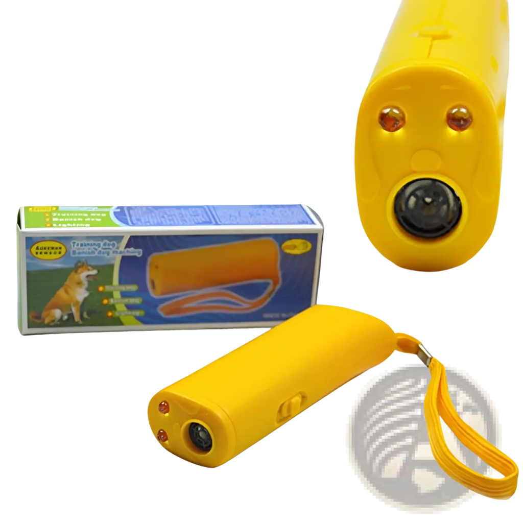 Bright yellow plastic ultrasonic dog trainer with two orange led lights and black lens for barking deterrent