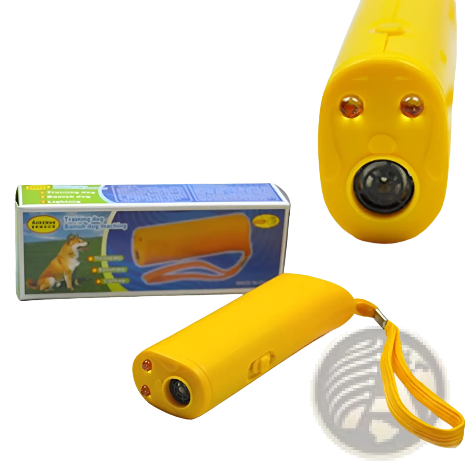 Bright yellow plastic ultrasonic dog trainer with two orange led lights and black lens for barking deterrent