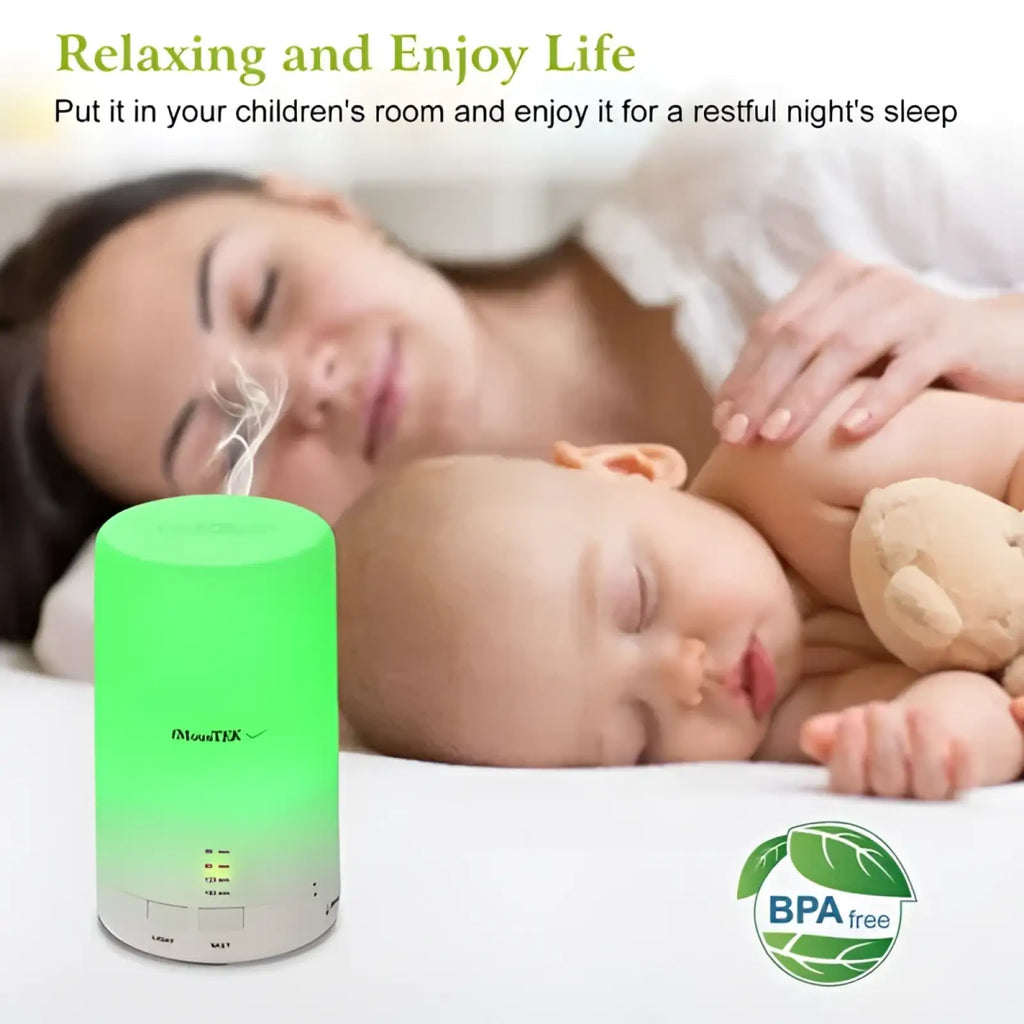 Ultrasonic essential oil diffuser with 7 color led lights green gradient sleek cylindrical design with white base
