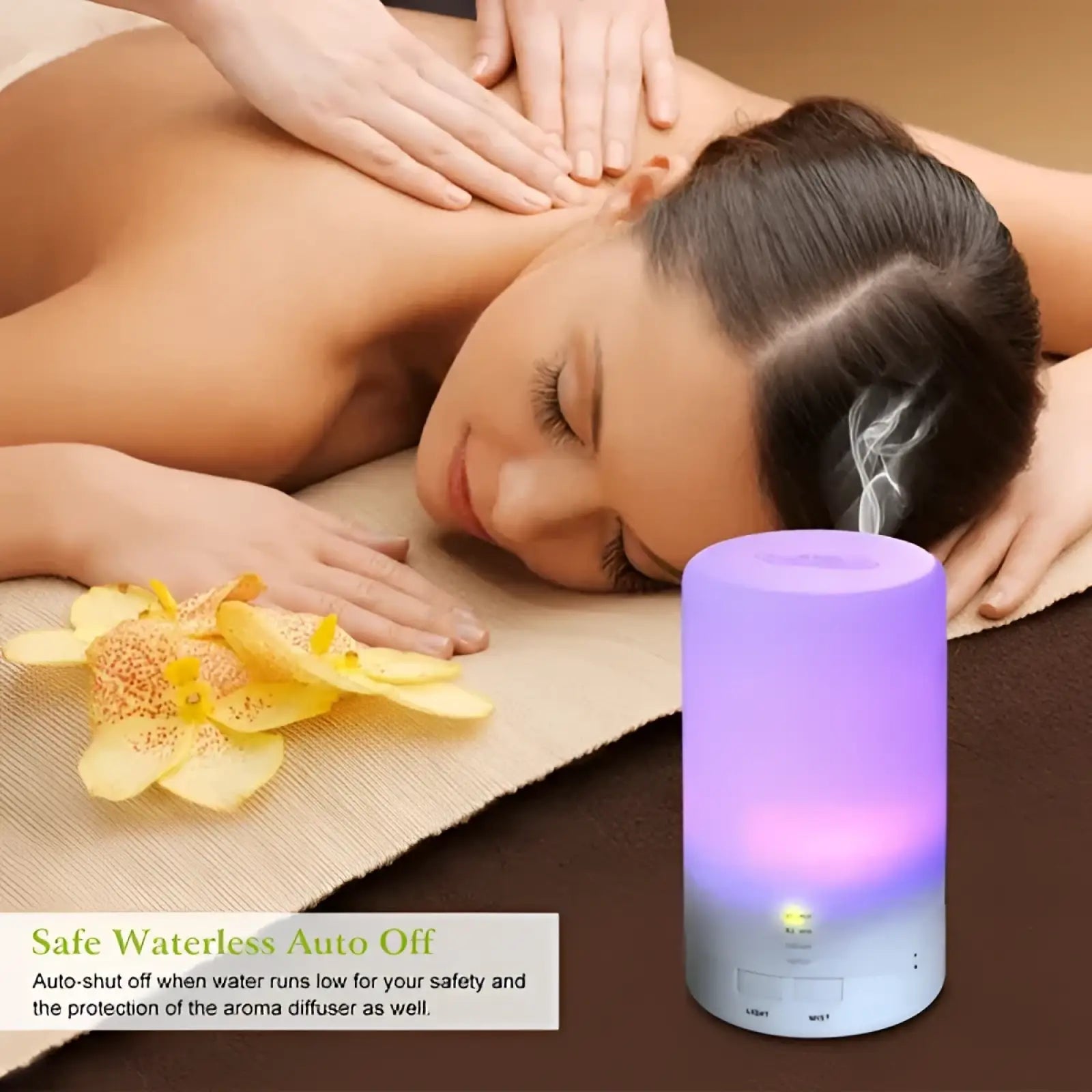 Ultrasonic essential oil diffuser in purple and white cylindrical design emitting a soft glow with 7 color led lights