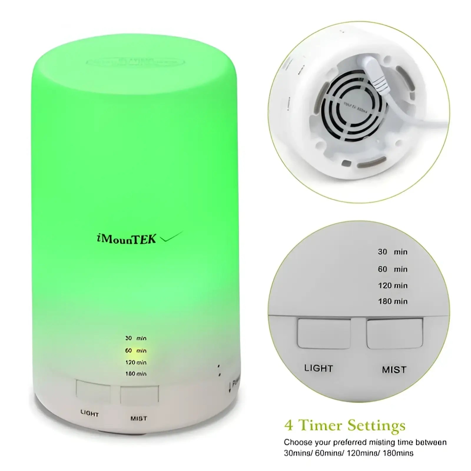 Green and white cylindrical ultrasonic essential oil diffuser with gradient finish and 7 color led lights by imountek