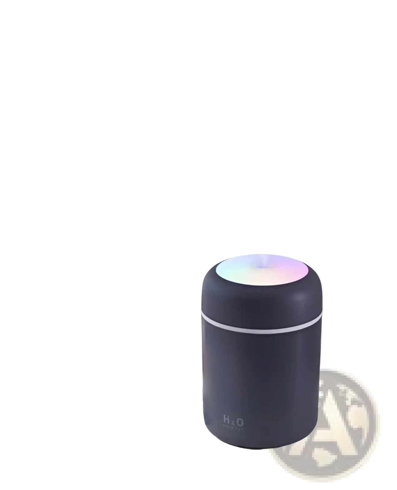 Dark gray ultrasonic mini humidifier with rainbow led light and 300ml capacity emitting mist and h₂o branding