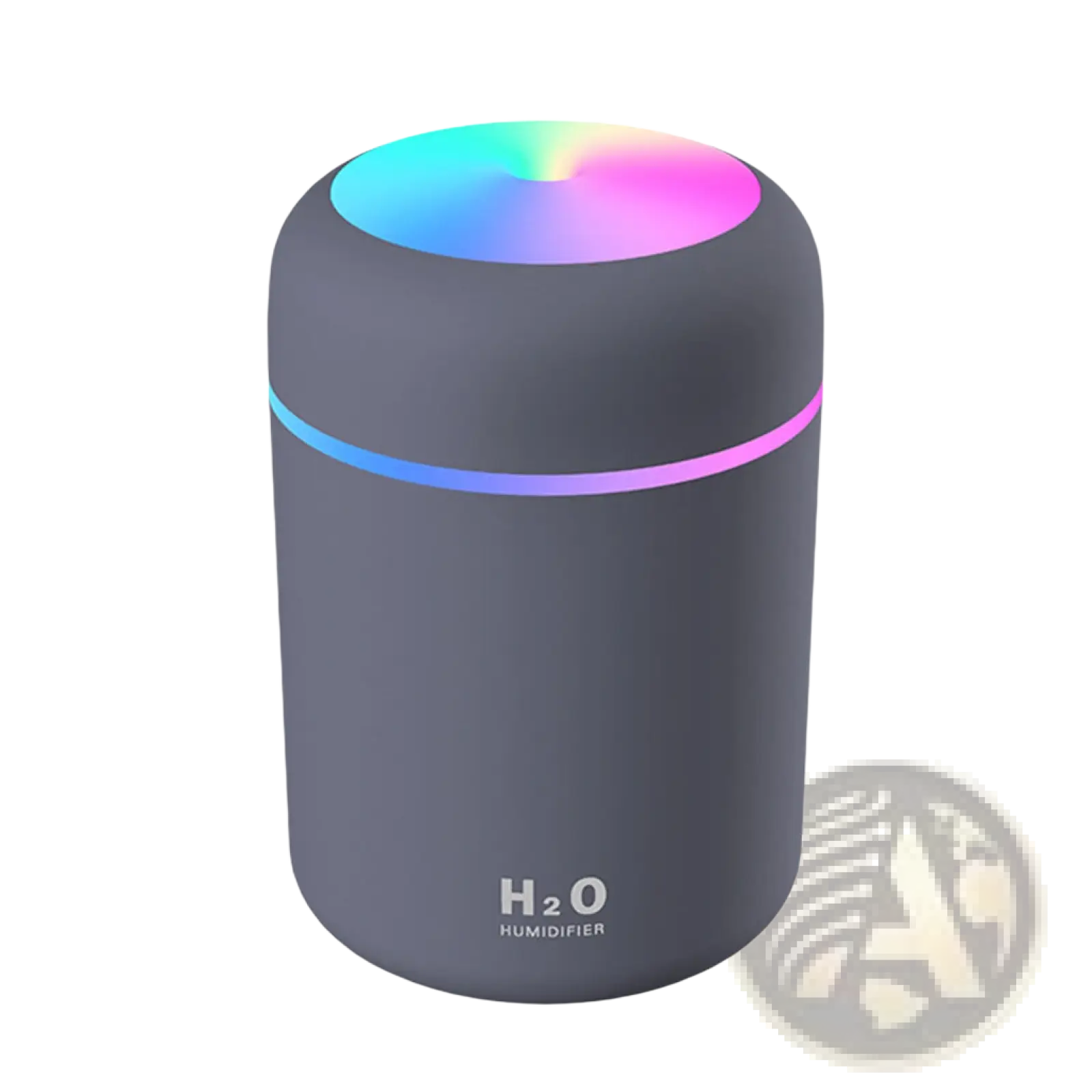 Gray cylindrical ultrasonic mini humidifier with 300ml capacity and glowing rainbow LED light ring at top and base
