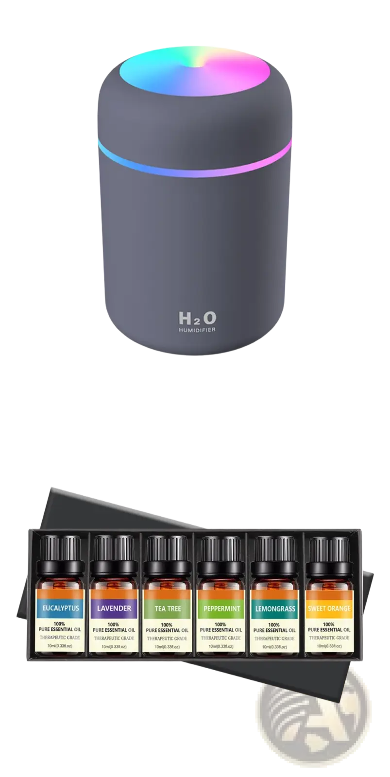 Dark gray cylindrical ultrasonic mini humidifier with rainbow led light and h2o humidifier printed on the side