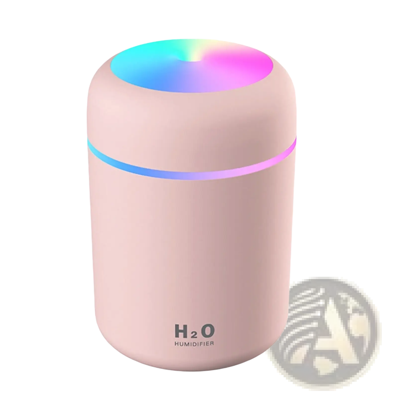 Pastel pink ultrasonic mini humidifier with 300ml capacity and glowing rainbow led light on top and base ring