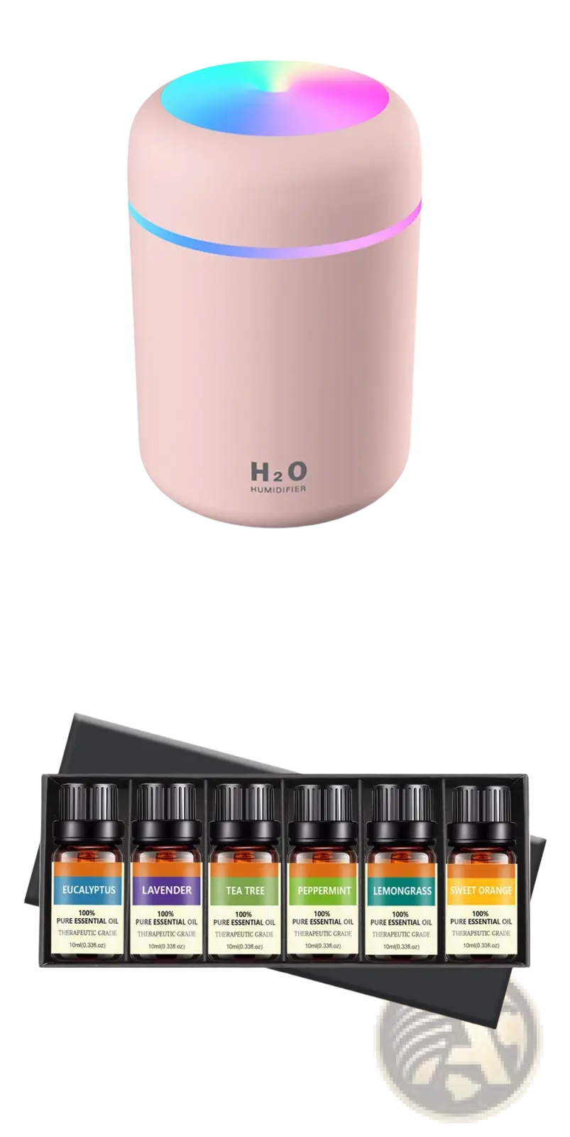 Ultrasonic mini humidifier pink cylindrical h2o with glowing rainbow led top and blue led ring 300ml capacity