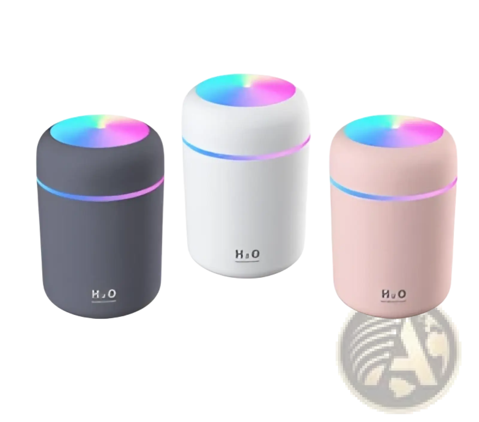 Three cylindrical ultrasonic mini humidifiers in dark gray white and pink with 300ml capacity and rainbow led lights
