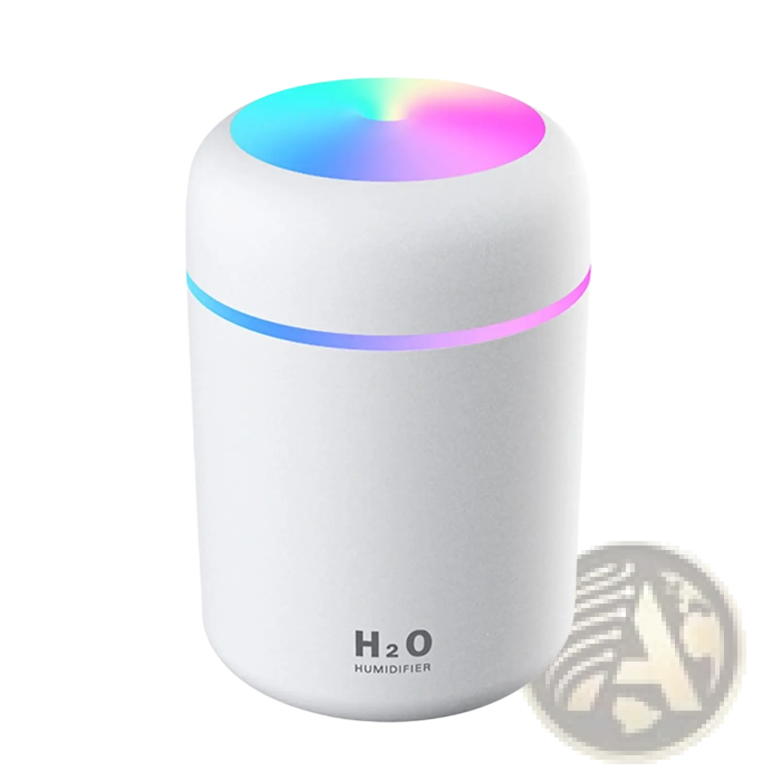 Ultrasonic mini humidifier white cylindrical with 300ml capacity and colorful led lighting on top and glowing middle ring