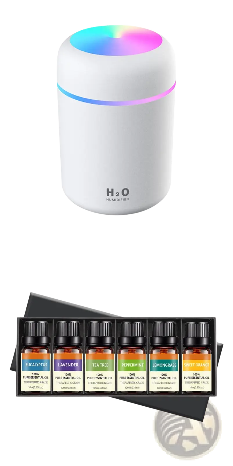White ultrasonic mini humidifier with rainbow led light ring and h2o humidifier text on front 300ml capacity