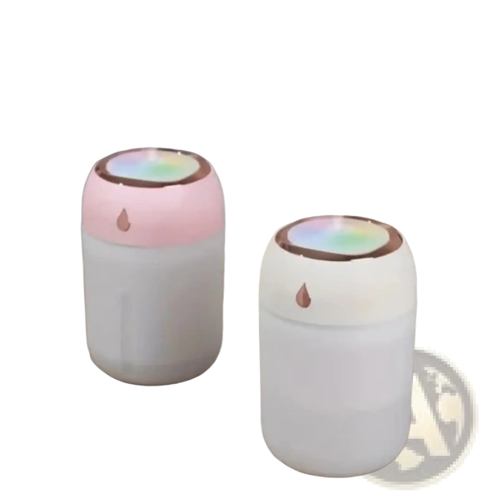 Ultrasonic usb desktop humidifier in pink and white with rainbow-colored top emitting mist and night light function