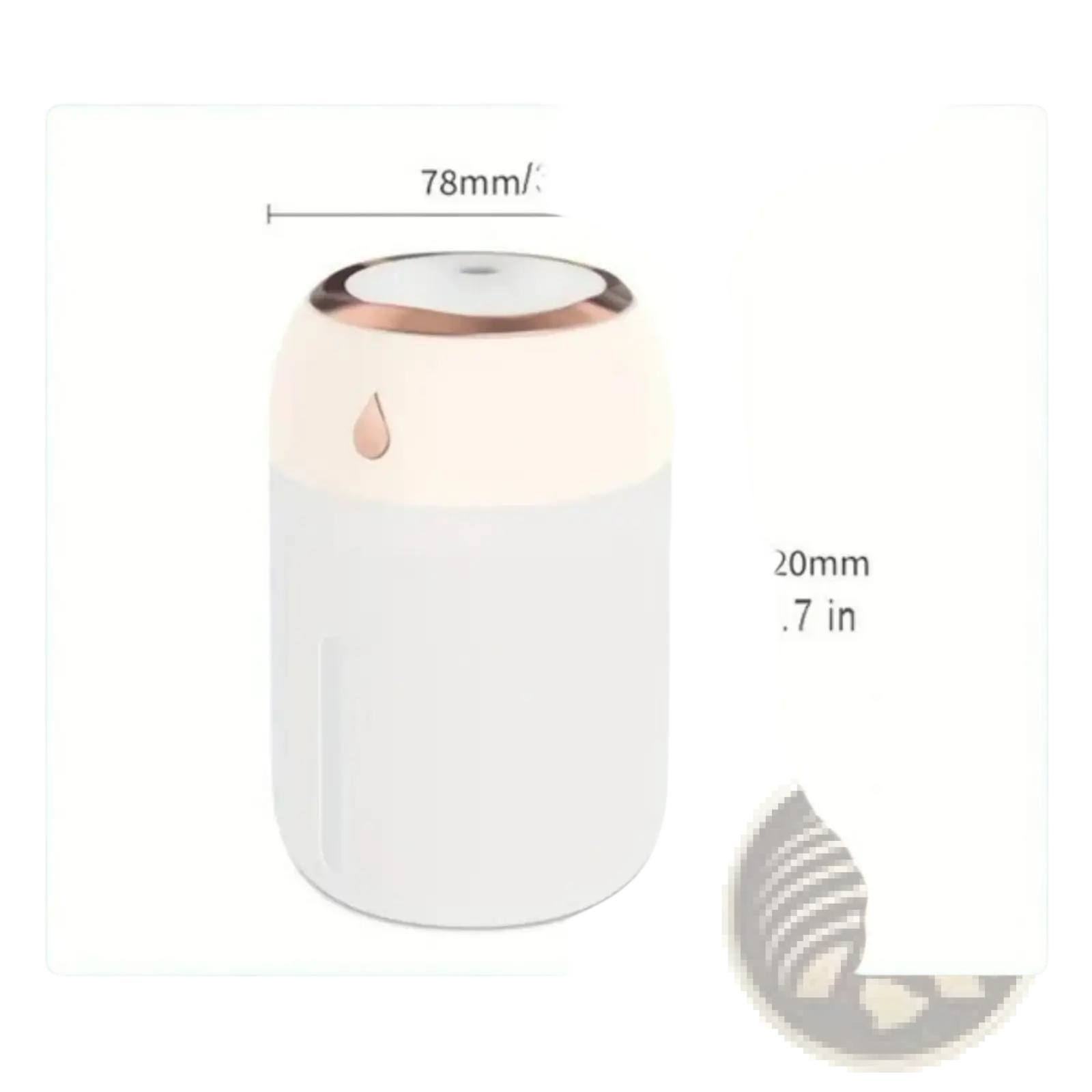 A sleek cylindrical white and rose gold ultrasonic USB desktop humidifier with night light and minimalist design