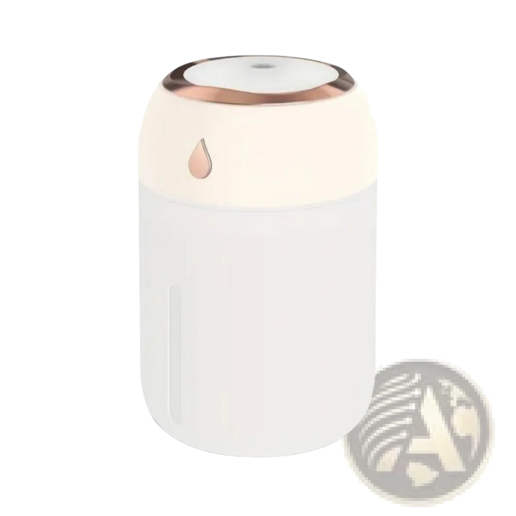A sleek white and rose gold ultrasonic USB desktop humidifier with a matte finish and metallic accents with night light