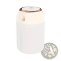 A sleek white and rose gold ultrasonic USB desktop humidifier with a matte finish and metallic accents with night light