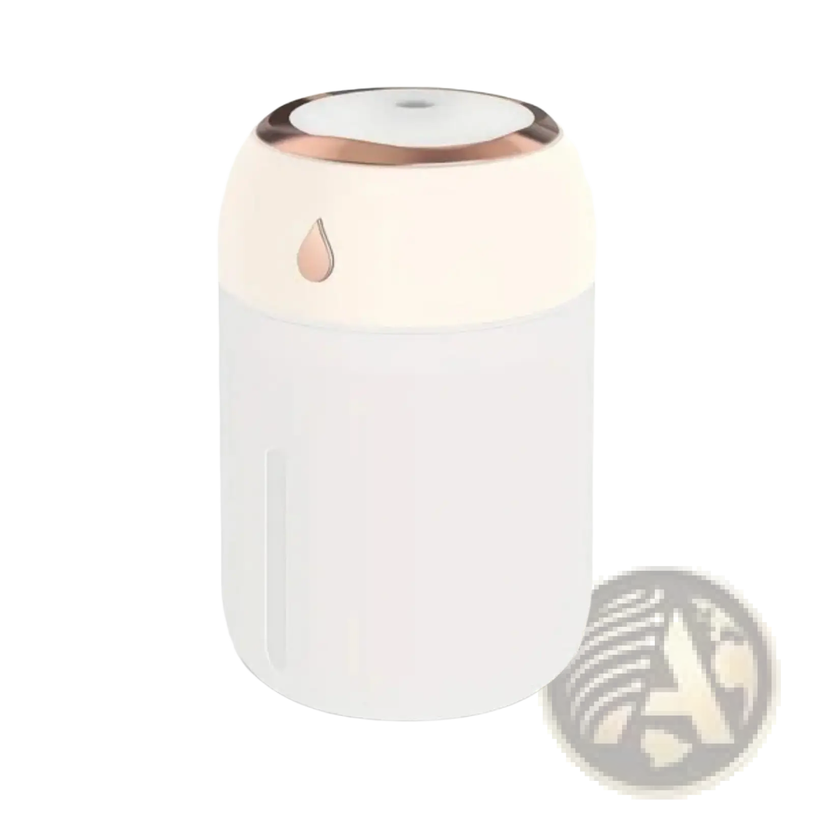 A sleek white and rose gold ultrasonic USB desktop humidifier with a matte finish and metallic accents with night light